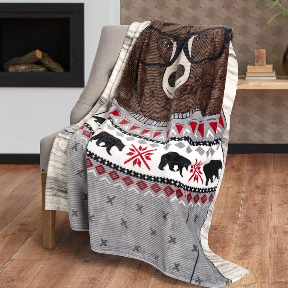 Chic Nation Bear Design Throw Blanket - Brown, Red, Black, Gray